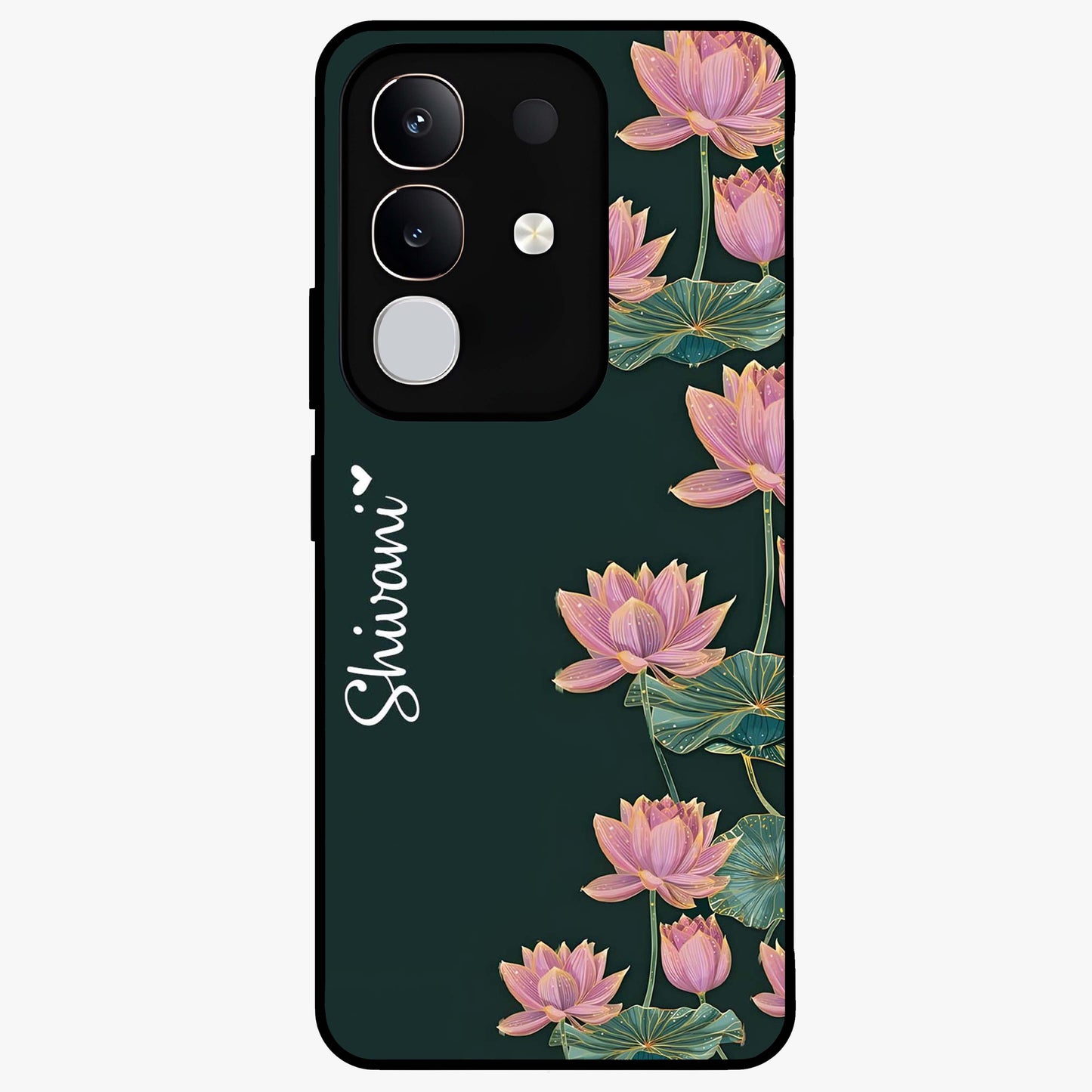 Lotus Bloom Serenity Custom Name Glass Case showing flat back view with elegant lotus flower artwork and personalized name design.