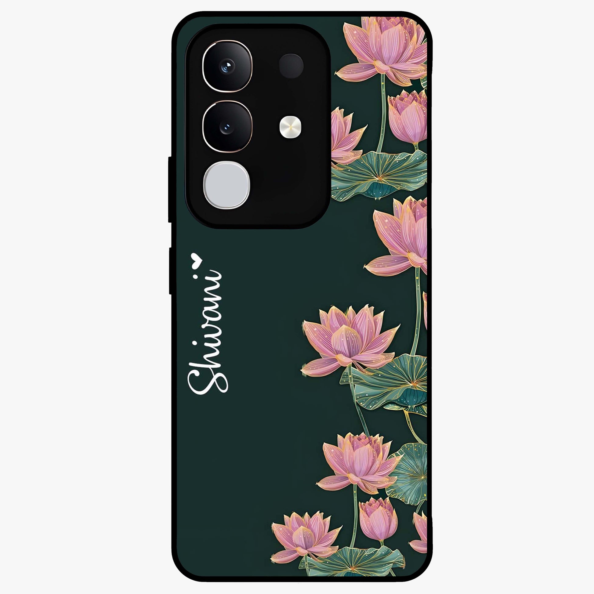 Lotus Bloom Serenity Custom Name Glass Case showing flat back view with elegant lotus flower artwork and personalized name design.