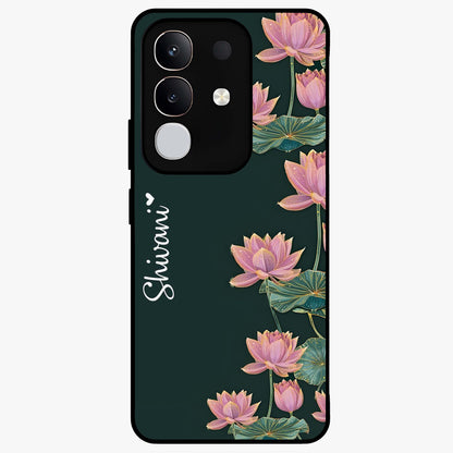Lotus Bloom Serenity Custom Name Glass Case showing flat back view with elegant lotus flower artwork and personalized name design.