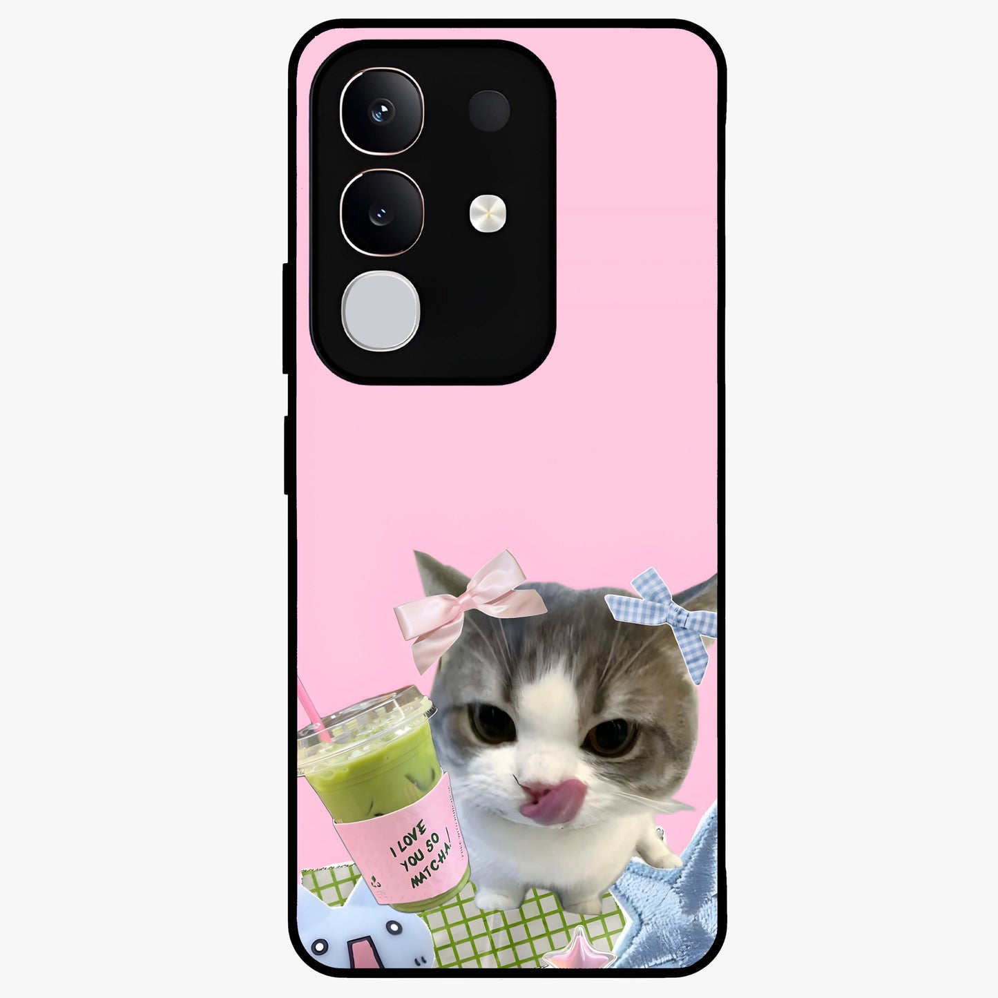 Love Matcha Cat Glass Case showing flat back view with cute cat and matcha themed artwork and glossy glass finish.