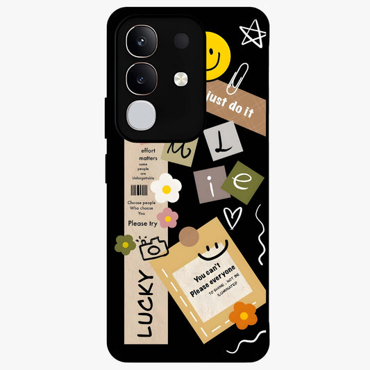 Lucky Aesthetic Collage Glass Case showing flat back view with trendy aesthetic collage artwork and glossy glass finish.