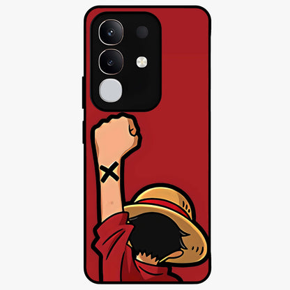 Luffy X Spirit Glass Case showing flat back view with bold anime character artwork and glossy glass finish.