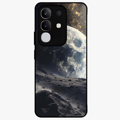 Lunar Horizon Glow Glass Case showing flat back view with glowing moon horizon artwork and glossy glass finish.