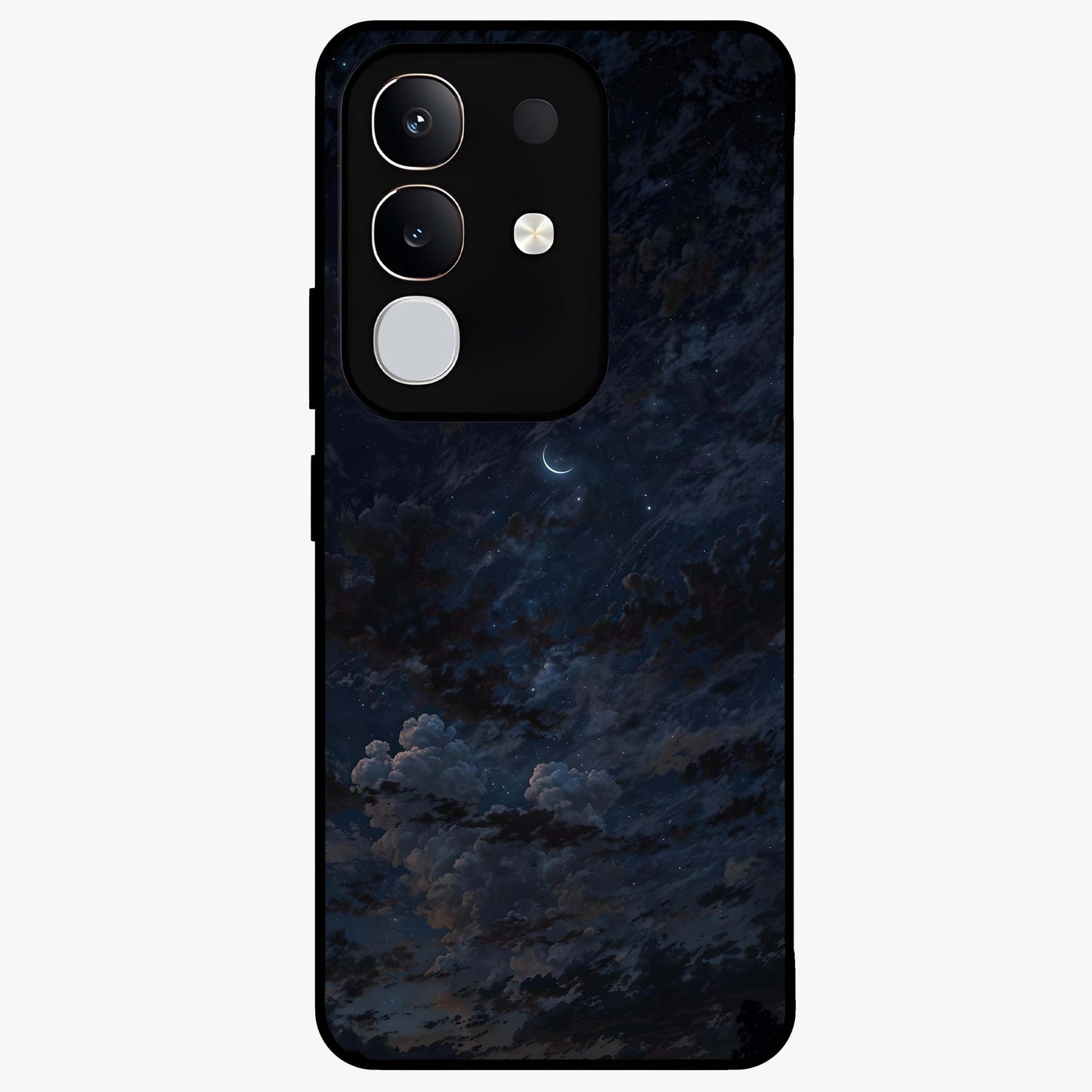 Lunar Veil Silence Glass Case showing flat back view with mystical moon veil artwork and glossy glass finish.