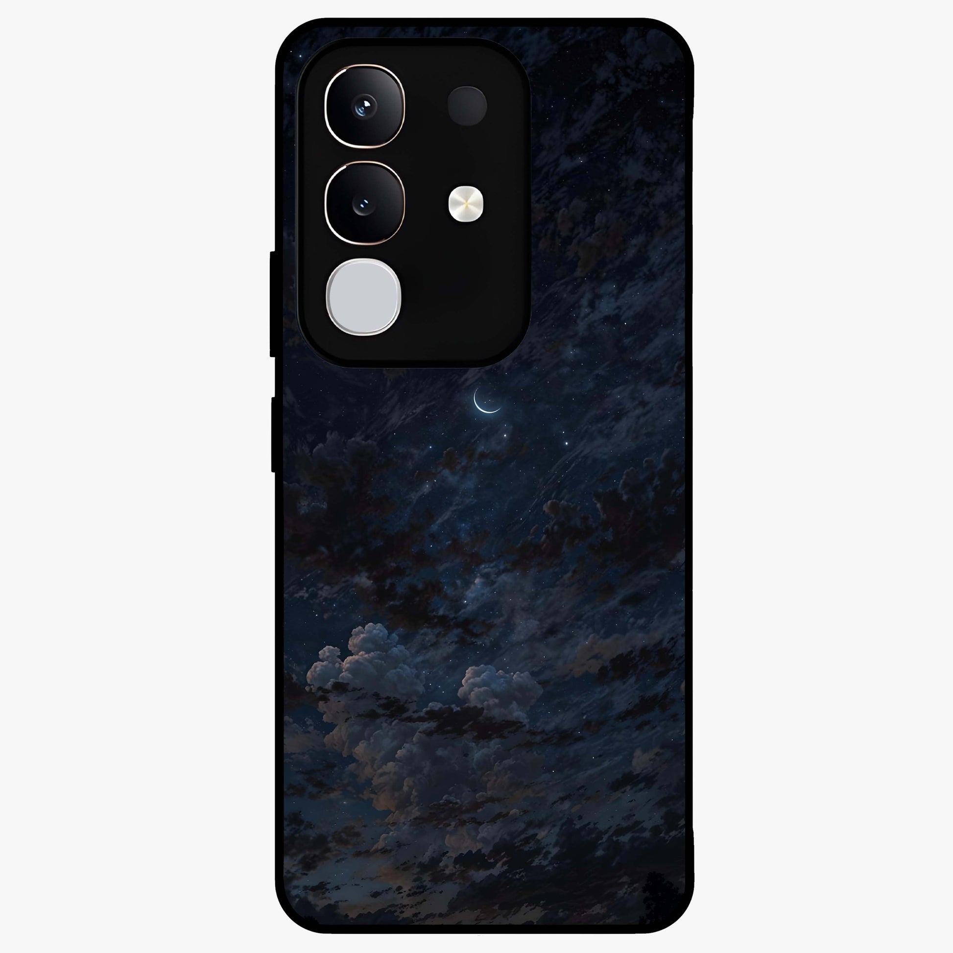 Lunar Veil Silence Glass Case showing flat back view with mystical moon veil artwork and glossy glass finish.