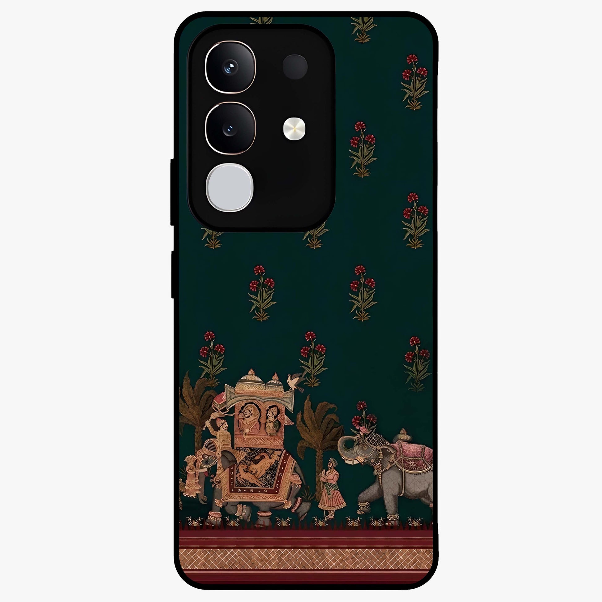 Macmerise Glass Case showing flat back view with stylish modern artwork and glossy glass finish.