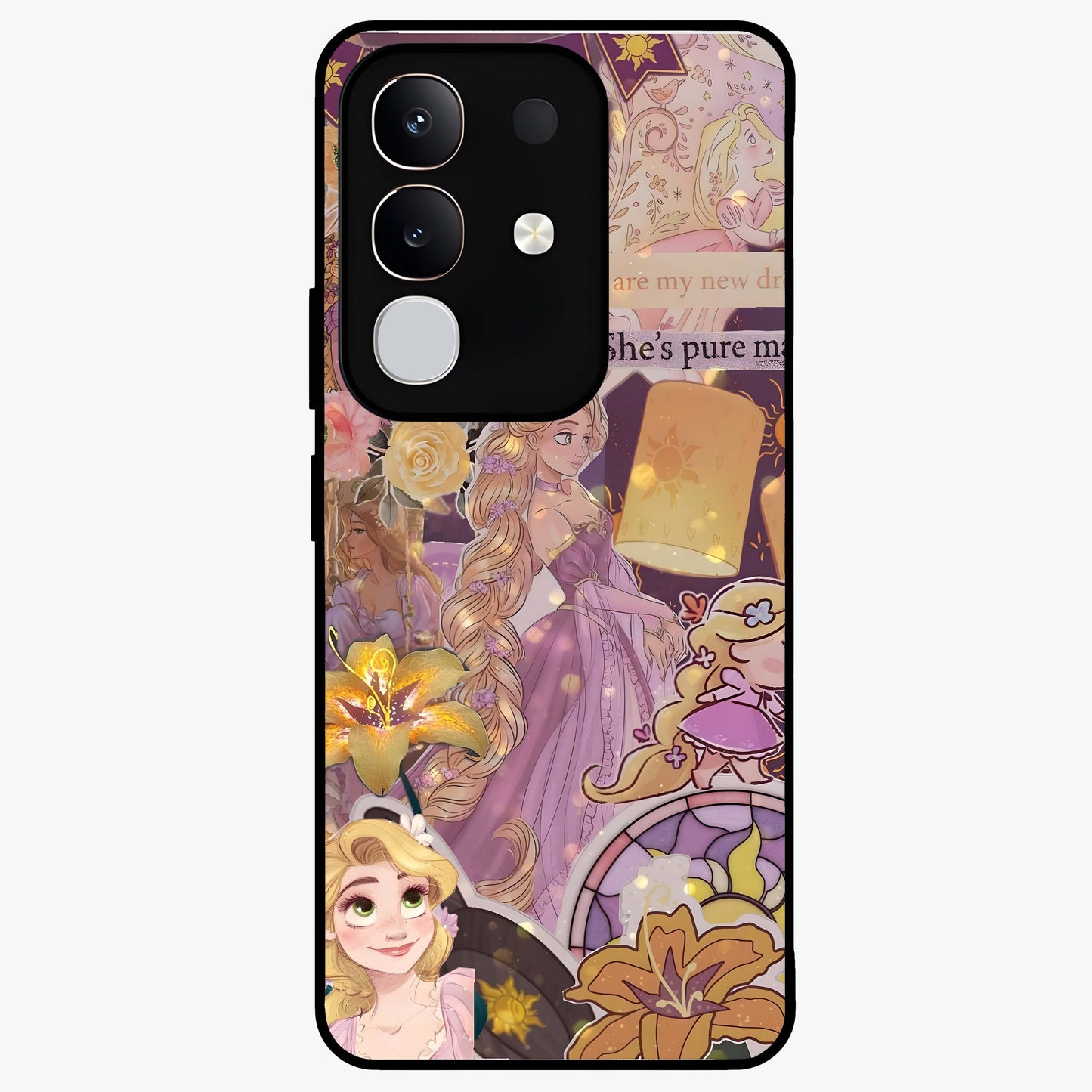 Magical Tangled Dream Glass Case showing flat back view with dreamy tangled artwork and glossy glass finish.