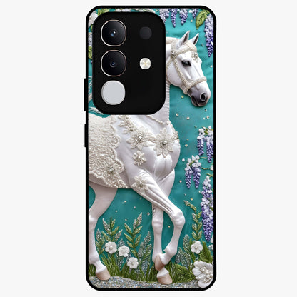 Majestic Floral Stallion Glass Case showing flat back view with powerful horse and floral artwork and glossy glass finish.