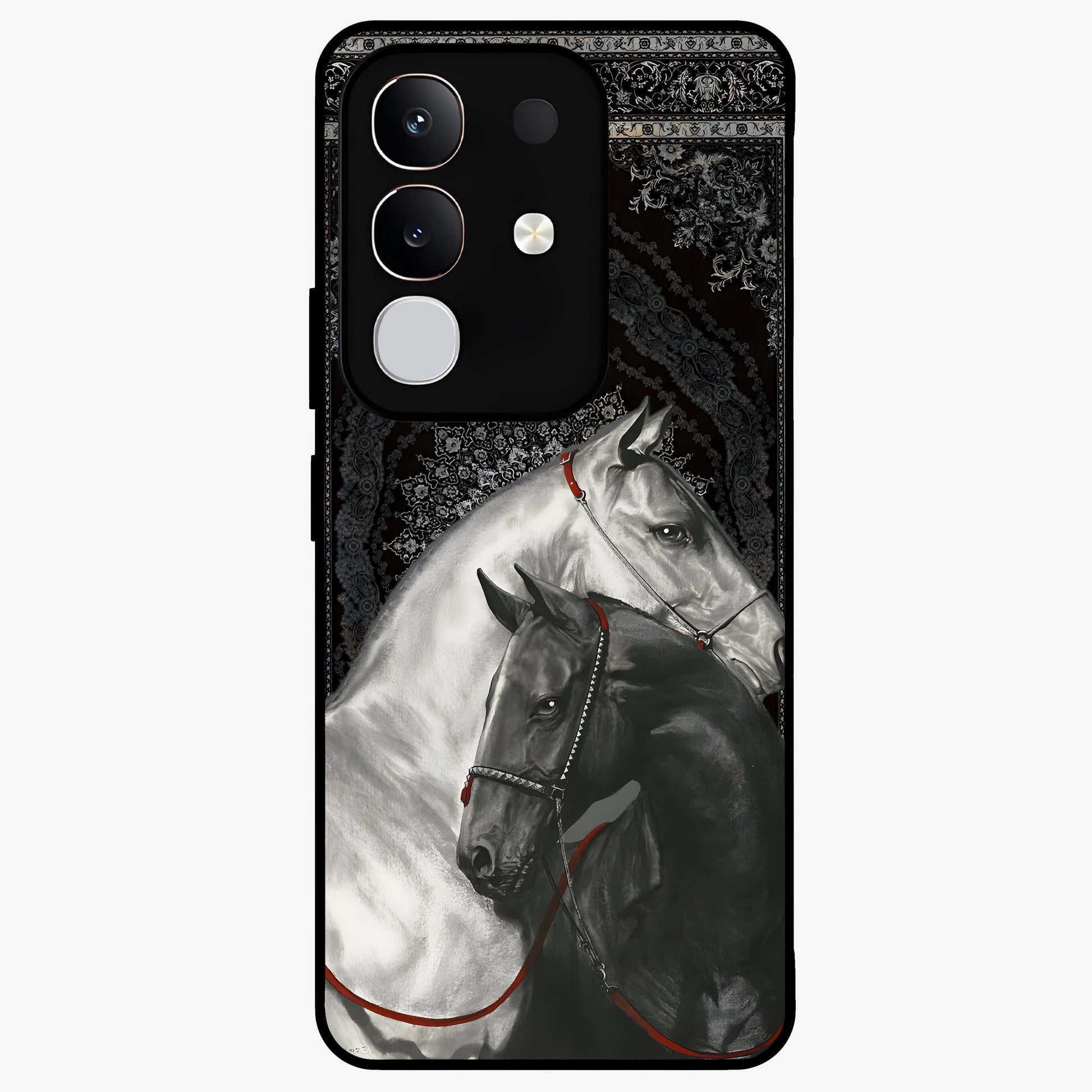 Majestic Ride Legacy Glass Case showing flat back view with powerful automotive inspired artwork and glossy glass finish.