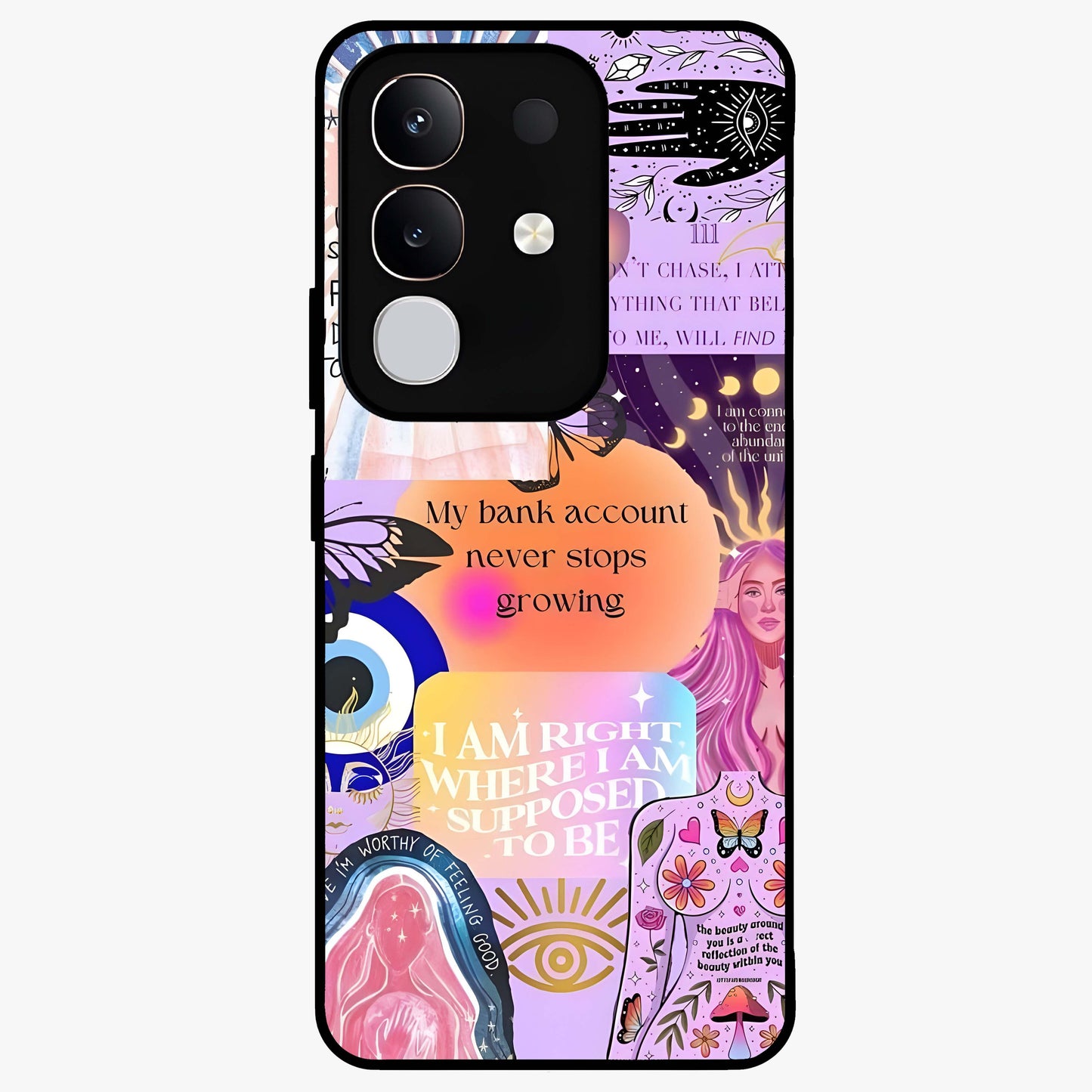 Manifestation Collage Glass Case showing flat back view with motivational collage artwork and glossy glass finish.
