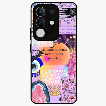 Manifestation Collage Glass Case showing flat back view with motivational collage artwork and glossy glass finish.