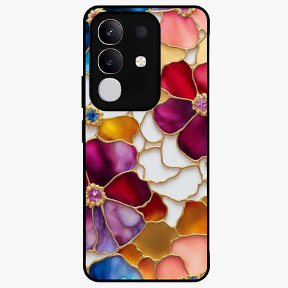 Marble Flower Pattern Glass Case showing flat back view with marble texture floral artwork and glossy glass finish.
