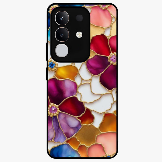 Marble Flower Pattern Glass Case showing flat back view with marble texture floral artwork and glossy glass finish.