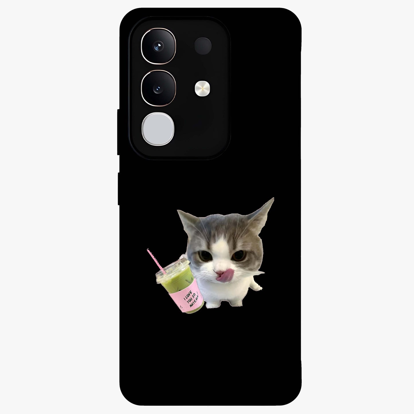 Matcha Cat Style Glass Case showing flat back view with cute matcha themed cat artwork and glossy glass finish.