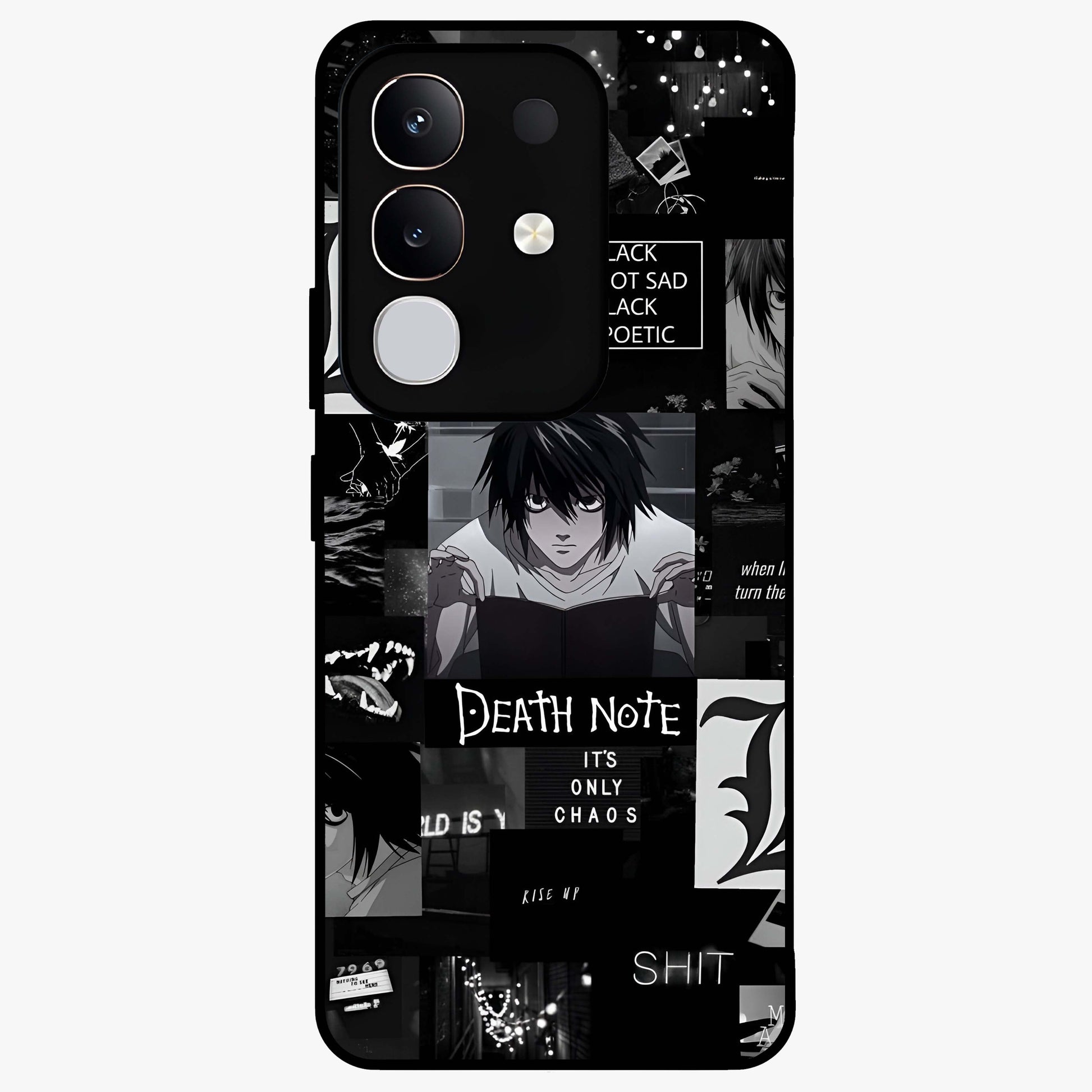 Midnight Chaos Mind Glass Case showing flat back view with abstract dark themed artwork and glossy glass finish.
