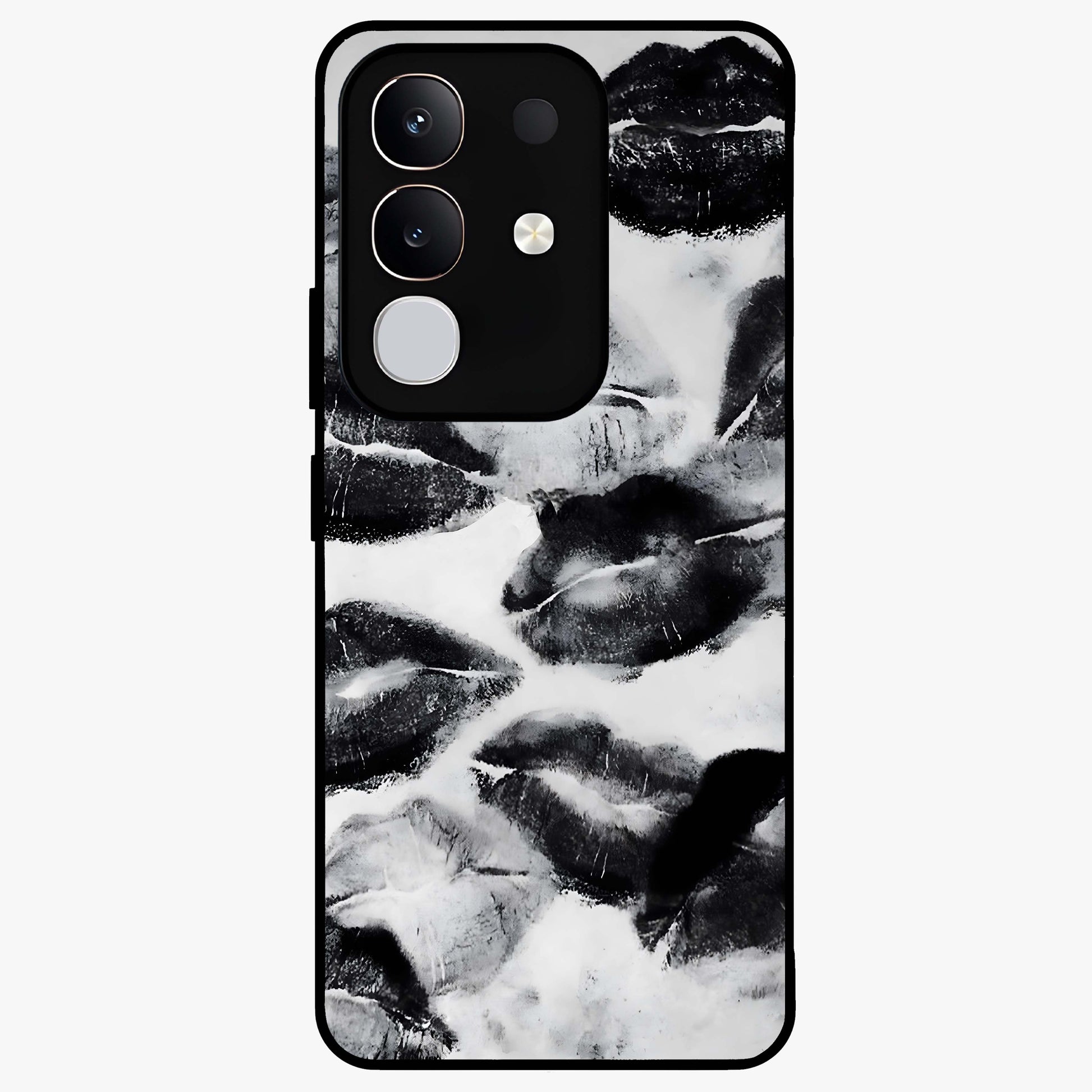 Midnight Kiss Marks Glass Case showing flat back view with lipstick kiss mark artwork and glossy glass finish.