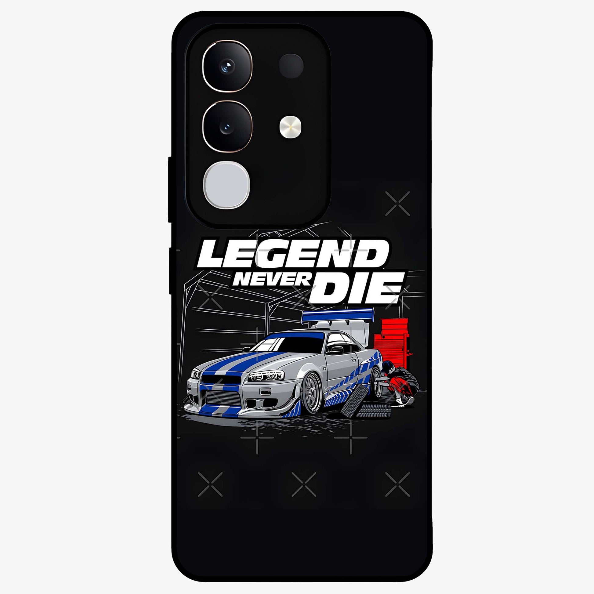 Midnight Racing Legacy Glass Case showing flat back view with sleek racing inspired artwork and glossy glass finish.