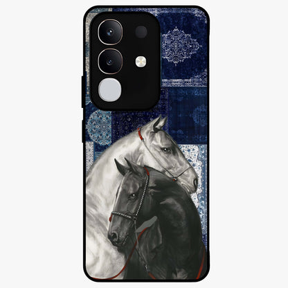 Midnight Stallion Blues Glass Case showing flat back view with majestic horse artwork and glossy glass finish.
