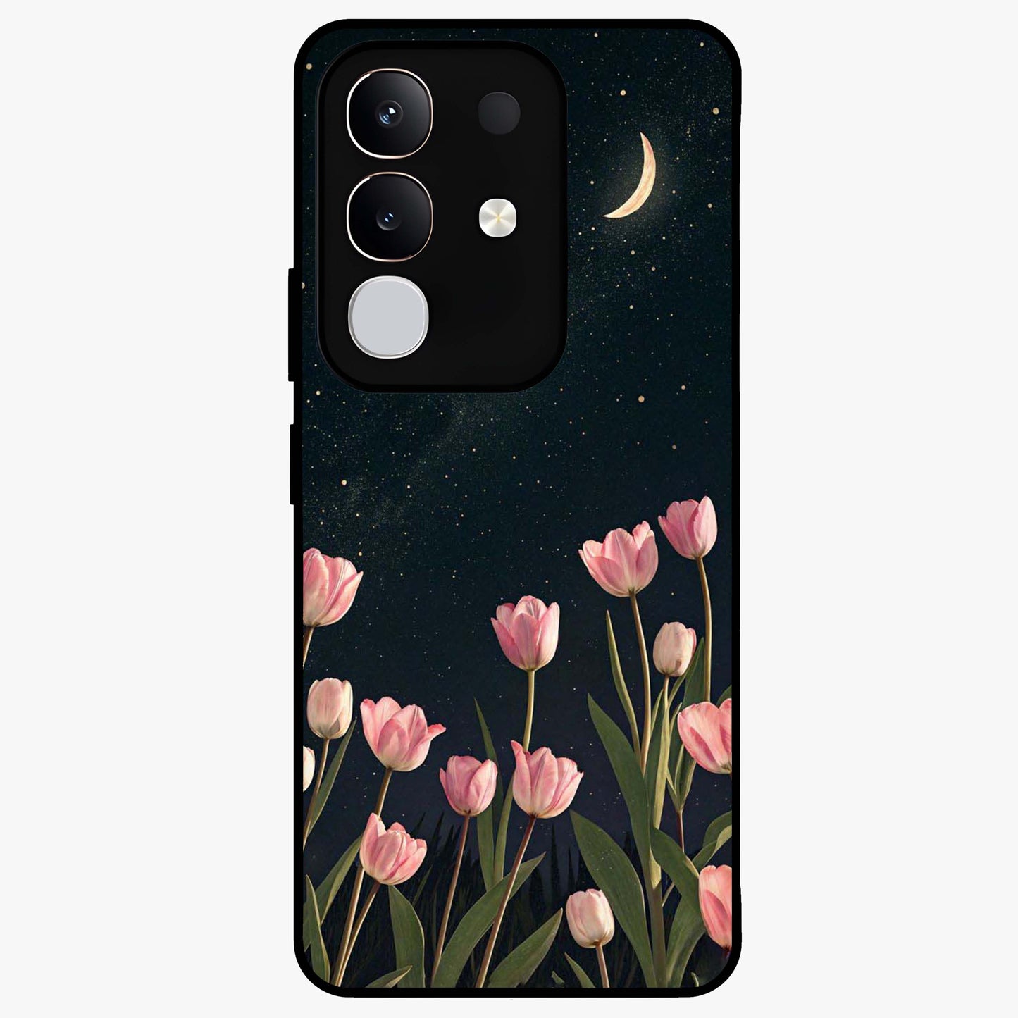 Midnight Tulip Whispers Vibe Glass Case showing flat back view with elegant tulip flower artwork and glossy glass finish.