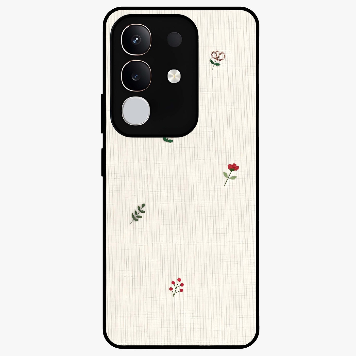 Minimal Petal Whispers Glass Case showing flat back view with soft minimal floral artwork and glossy glass finish.
