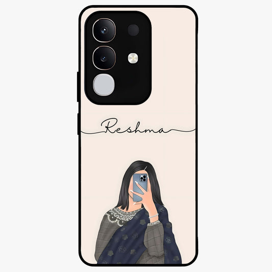 Mirror Mood Muse With Custom Name Glass Case showing flat back view with stylish mirrored artwork and personalized name design.