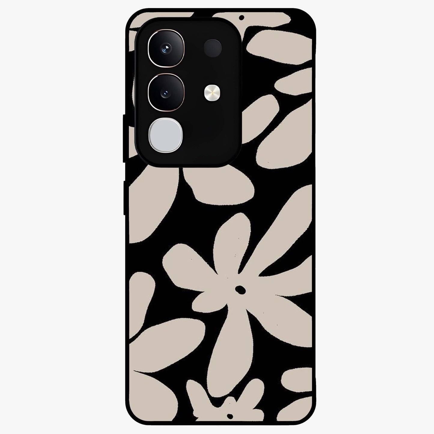Monochrome Petal Dance Glass Case showing flat back view with monochrome floral artwork and glossy glass finish.