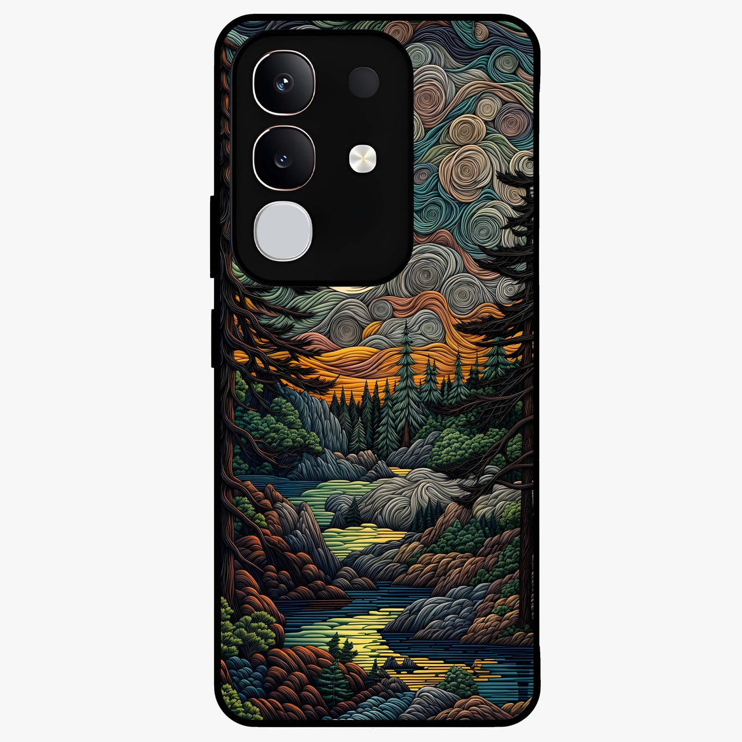 Moonlight Forest Dream Glass Case showing flat back view with mystical forest moonlight artwork and glossy glass finish.