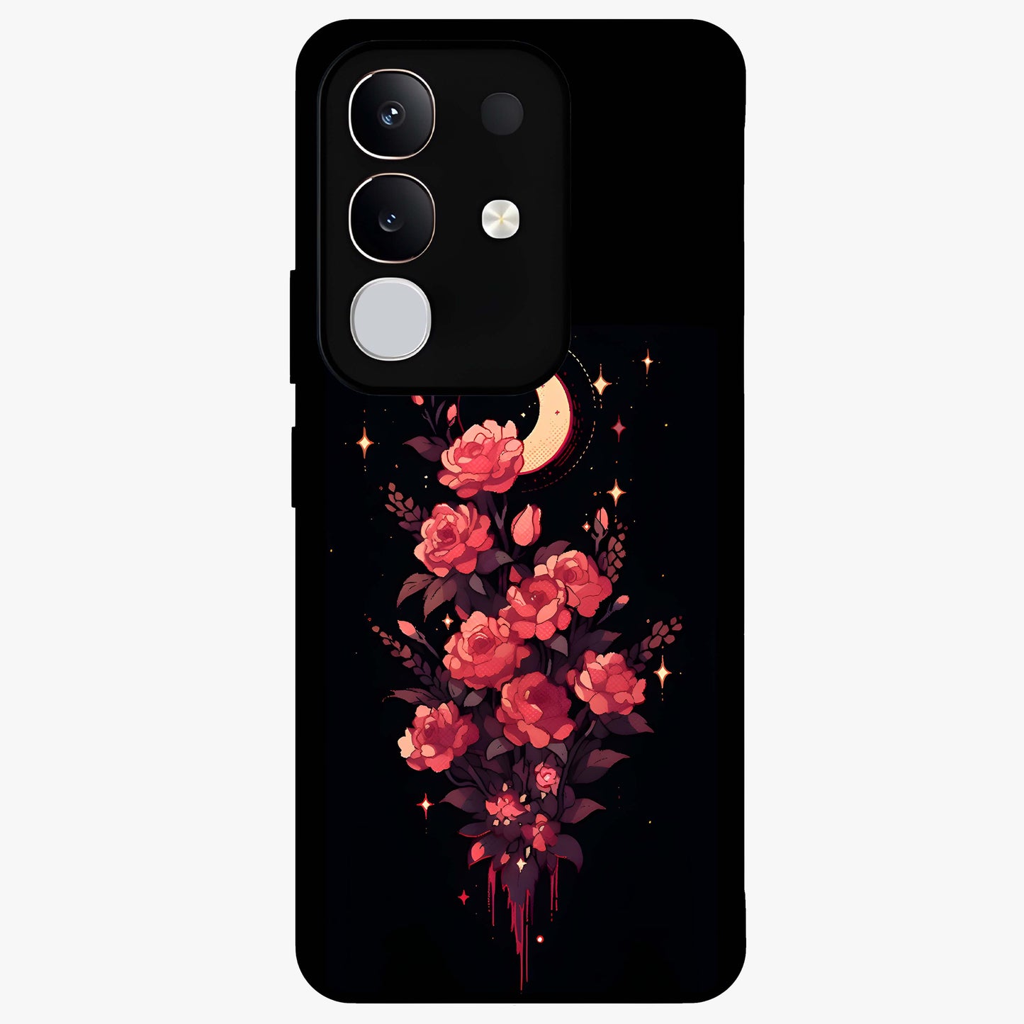 Moonlit Floral Elegance Glass Case showing flat back view with elegant floral artwork under moonlit tones and glossy glass finish.