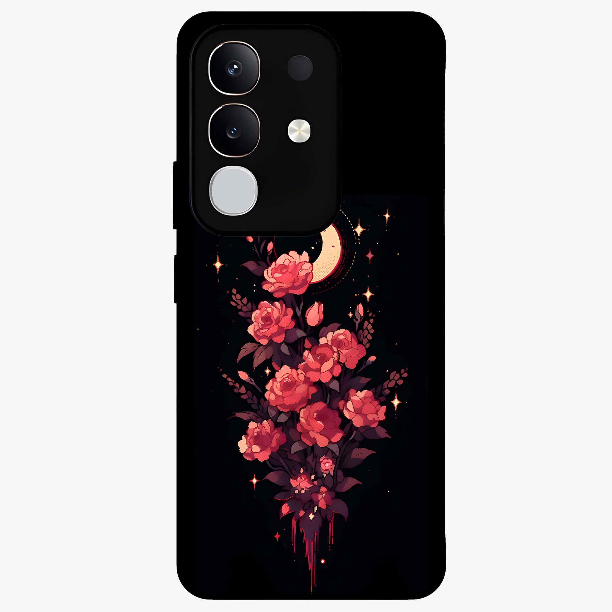 Moonlit Floral Elegance Glass Case showing flat back view with elegant floral artwork under moonlit tones and glossy glass finish.
