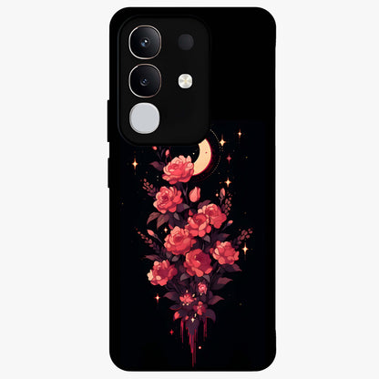 Moonlit Floral Elegance Glass Case showing flat back view with elegant floral artwork under moonlit tones and glossy glass finish.