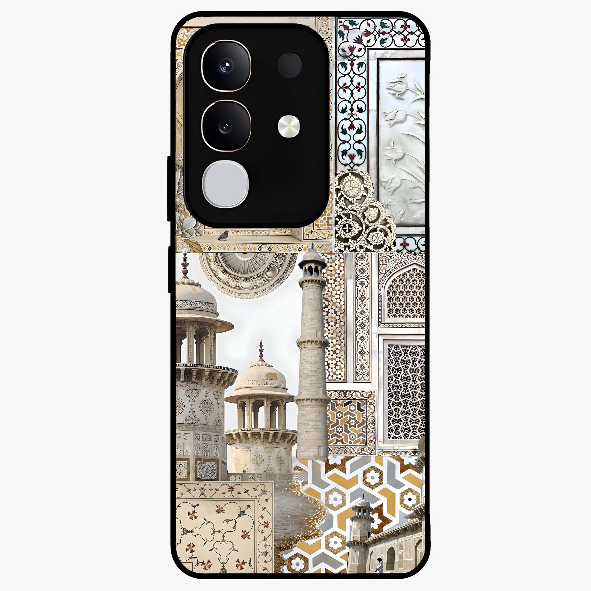 Mughal Marble Legacy Glass Case showing flat back view with intricate Mughal inspired marble pattern and glossy glass finish.