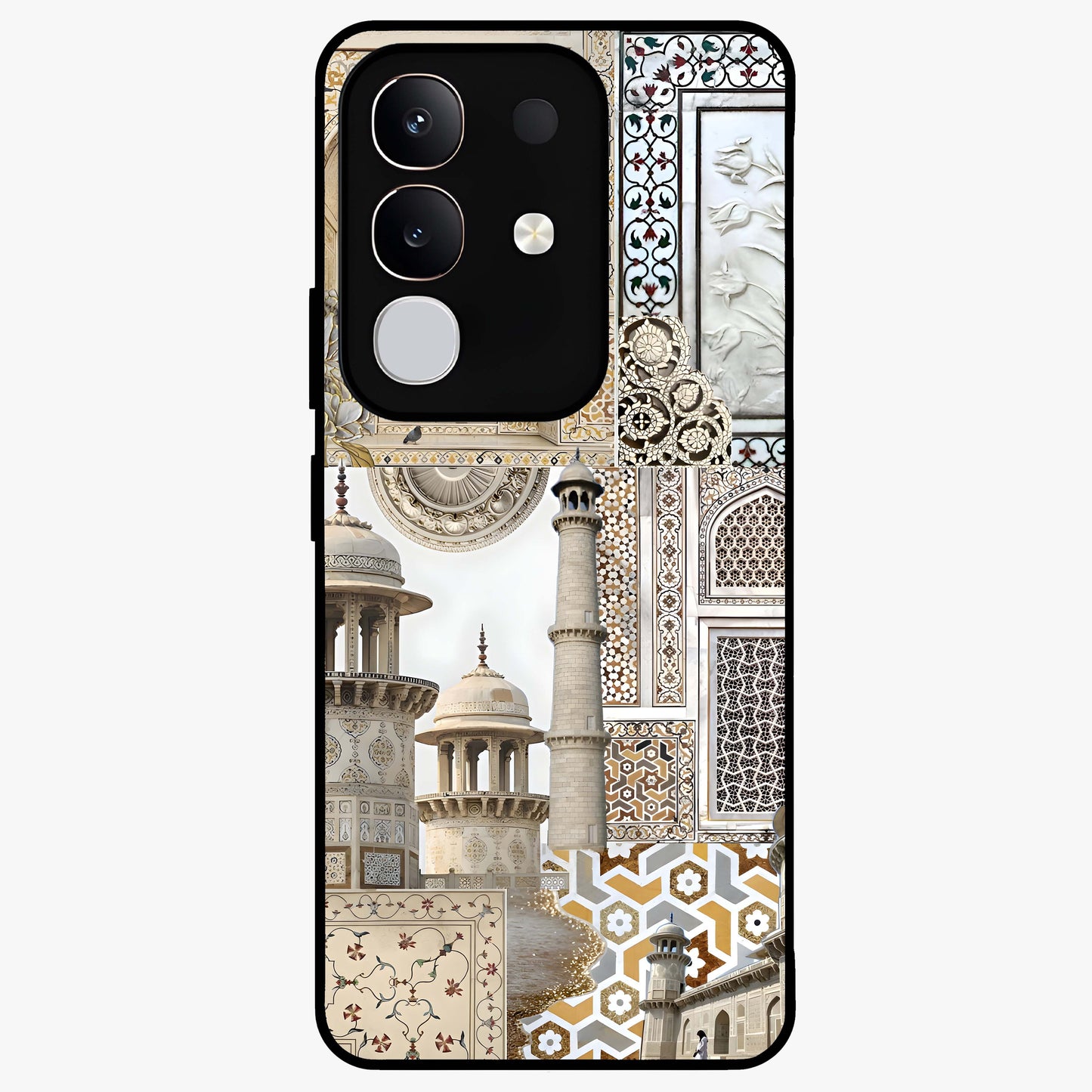 Mughal Marble Legacy Glass Case showing flat back view with intricate Mughal inspired marble pattern and glossy glass finish.