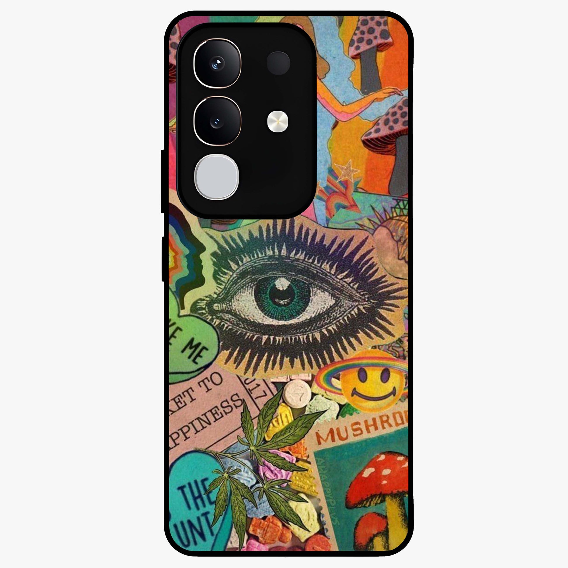 Mystic Eye Wonderland Glass Case showing flat back view with mystical eye themed artwork and glossy glass finish.