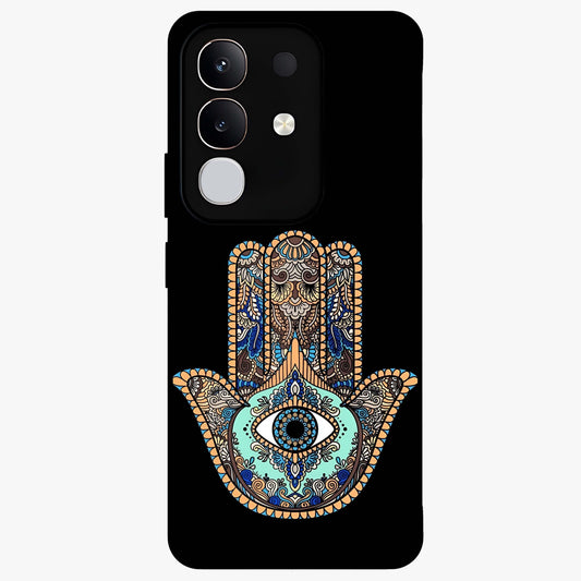 Mystic Hamsa Eye Glass Case showing flat back view with protective hamsa hand and evil eye artwork and glossy glass finish.