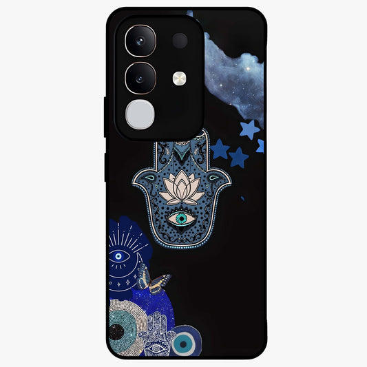 Mystic Hand Aura Glass Case showing flat back view with mystical hand symbol artwork and glossy glass finish.