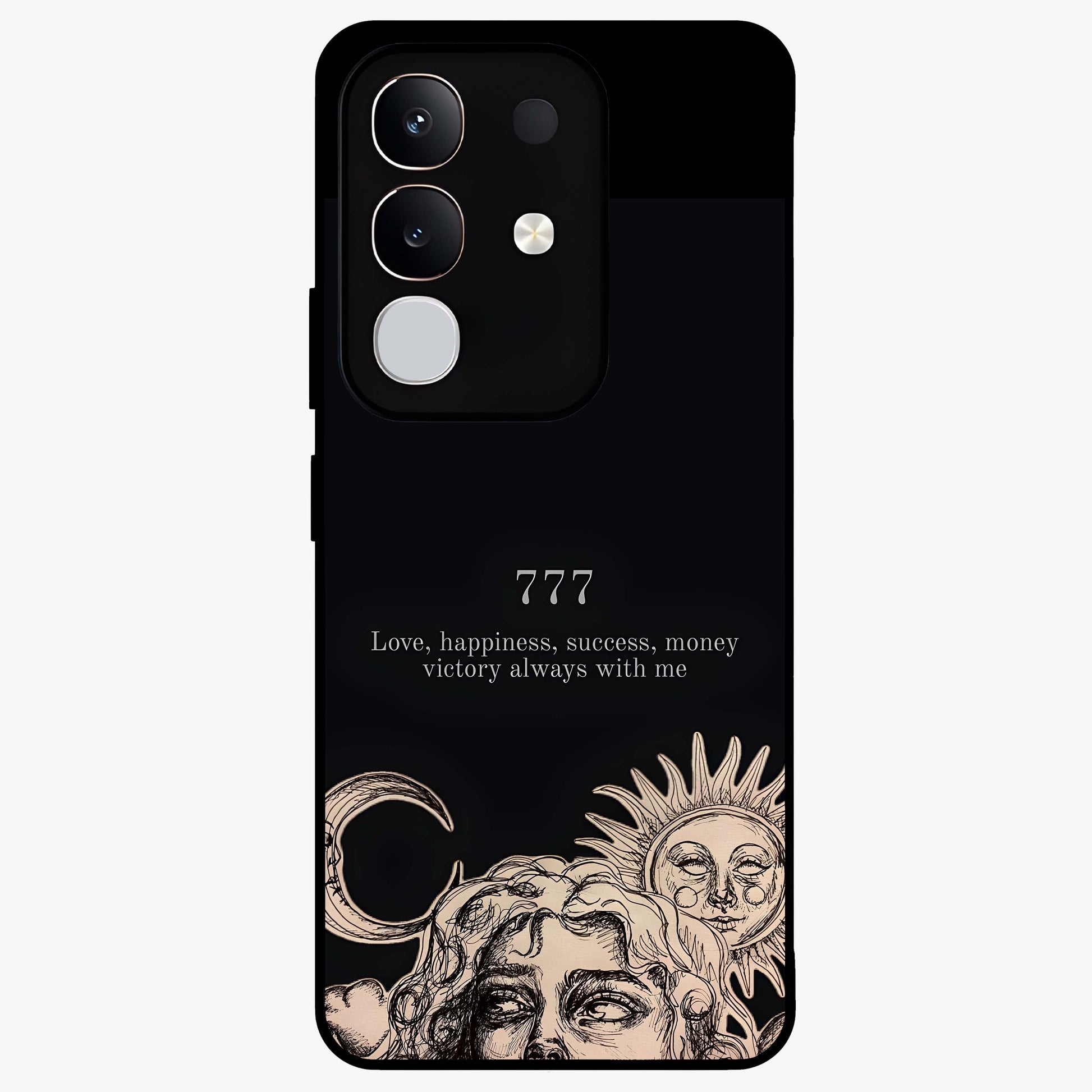 Mystic Victory Aura Glass Case showing flat back view with victory symbol artwork and glossy glass finish.