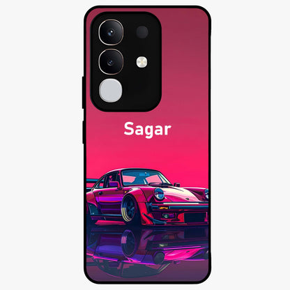 Neon Pink Porsche Glass Case showing flat back view with stylish sports car artwork and glossy glass finish.