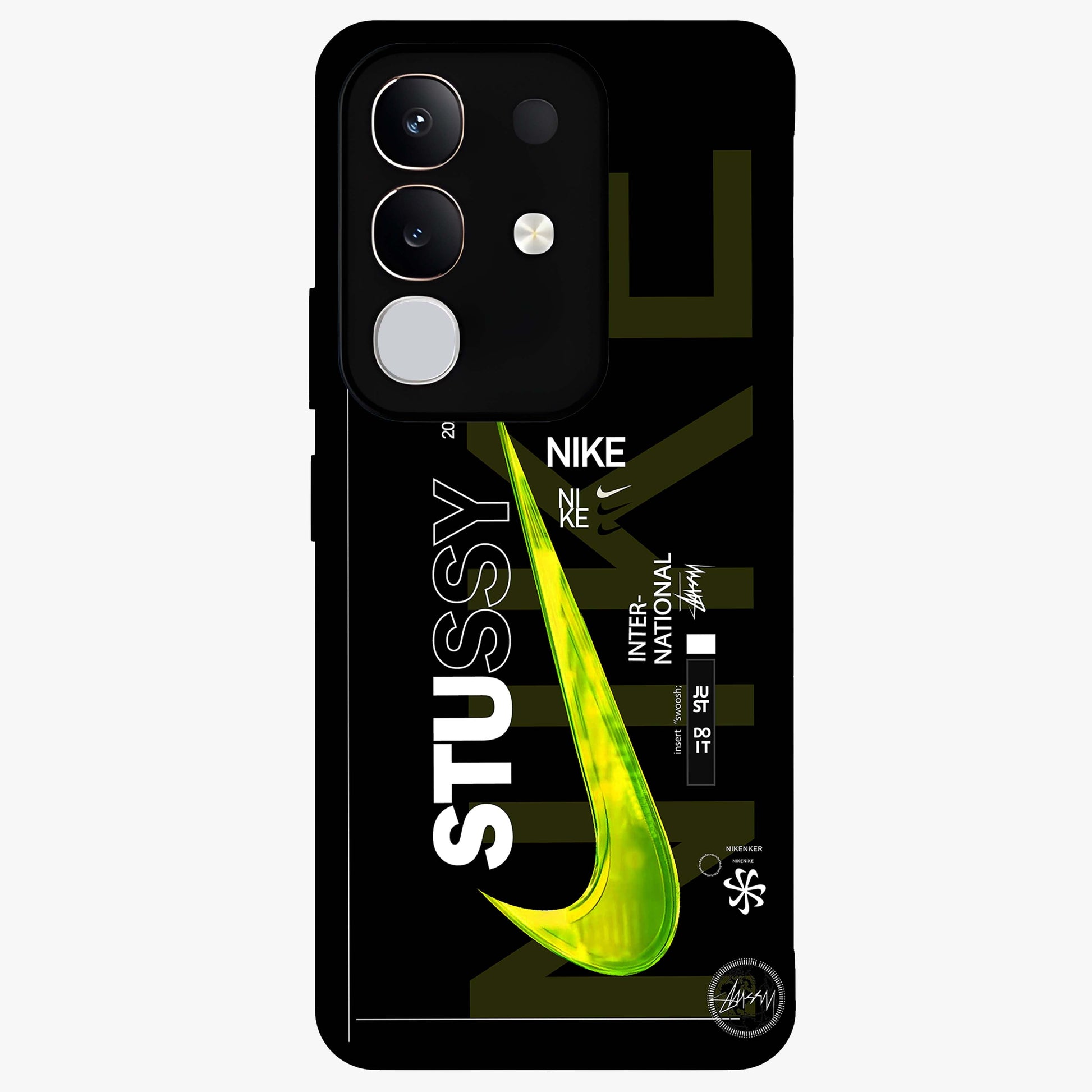 Neon Street Edition Glass Case showing flat back view with neon street style artwork and glossy glass finish.
