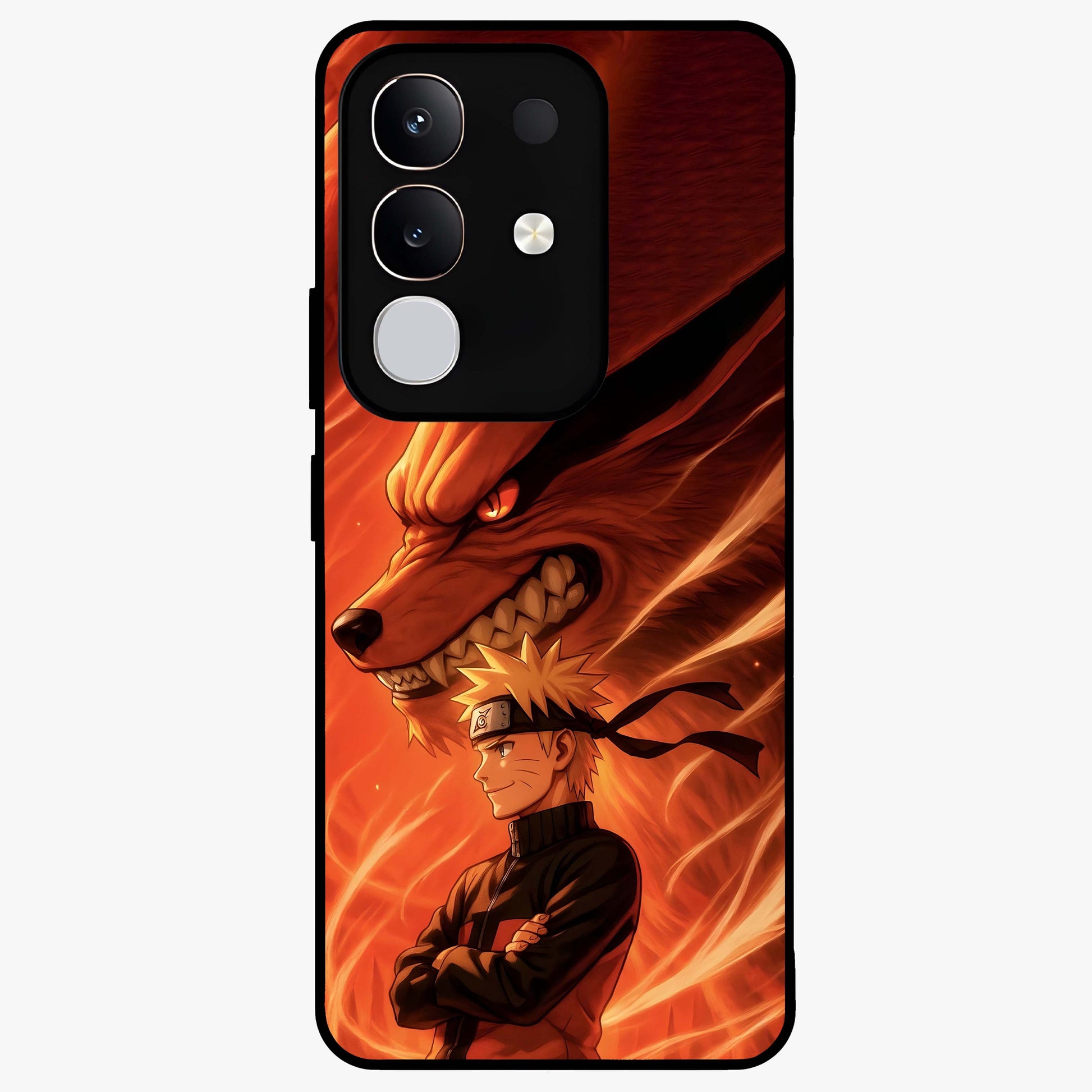 Nine Tails Legacy Glass Case showing flat back view with powerful nine-tailed fox inspired artwork and glossy glass finish.