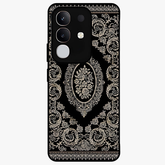 Noir Bloom Elegance Glass Case showing flat back view with elegant dark floral artwork and glossy glass finish.