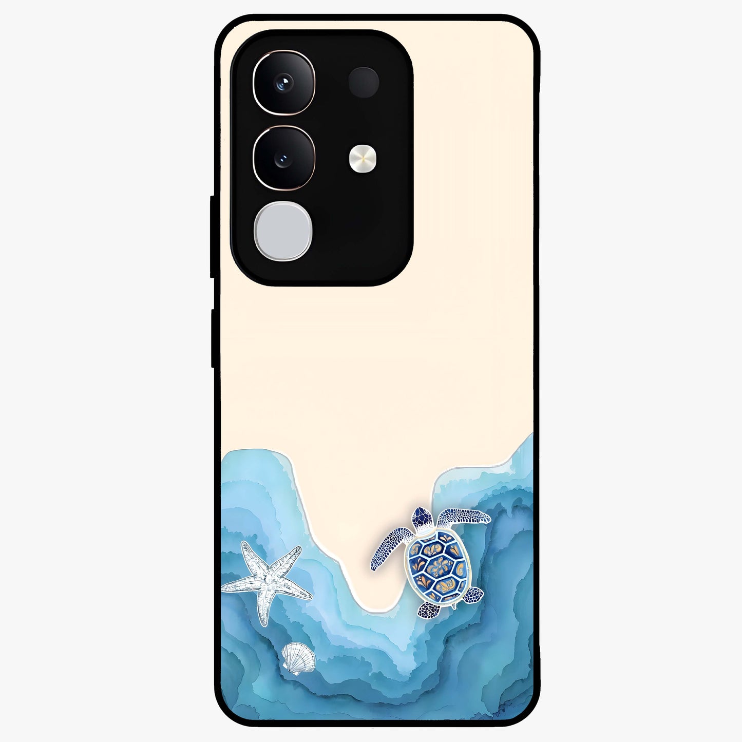 Ocean Drift Turtle Glass Case showing flat back view with sea turtle artwork and glossy glass finish.
