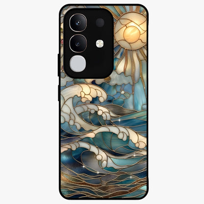 Oceanic Stained Printed Glass Case showing flat back view with ocean inspired stained pattern artwork and glossy glass finish.