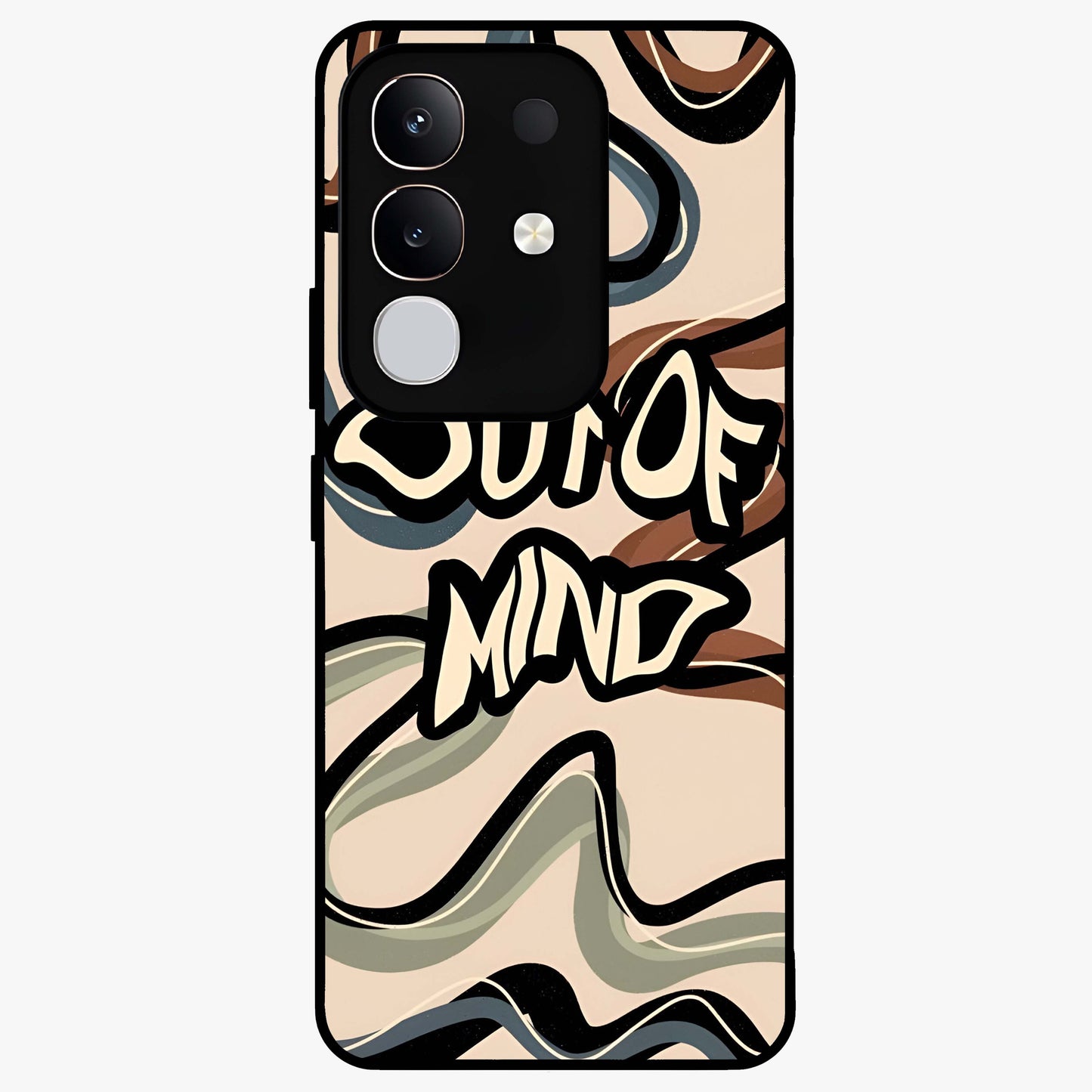Out Of Mind Glass Case showing flat back view with expressive typography artwork and glossy glass finish.