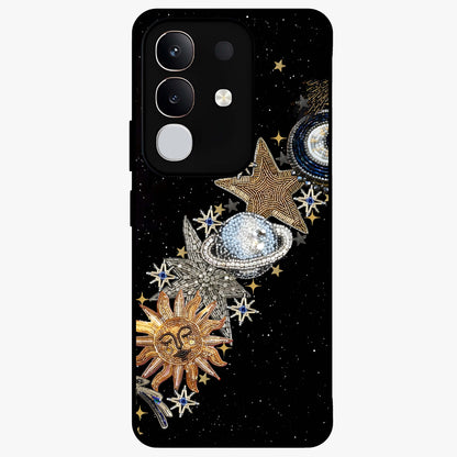 Pearls Universe Object Glass Case showing flat back view with pearl inspired cosmic artwork and glossy glass finish.