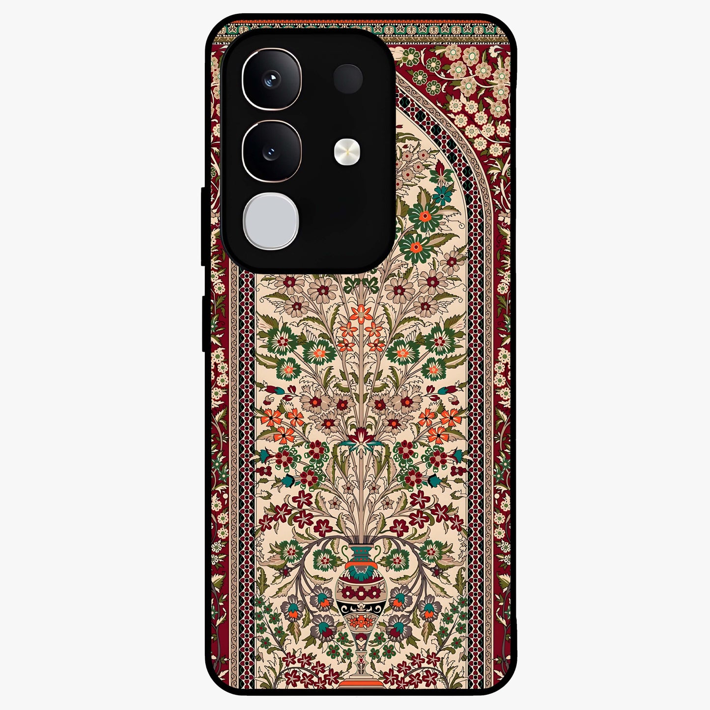 Persian Inspired Glass Case showing flat back view with ornate Persian style pattern artwork and glossy glass finish.