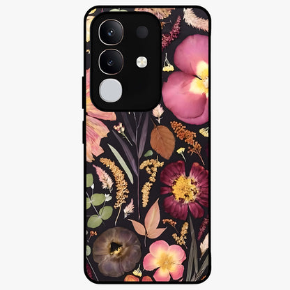 Petal Dream Tapestry Glass Case showing flat back view with intricate floral tapestry artwork and glossy glass finish.