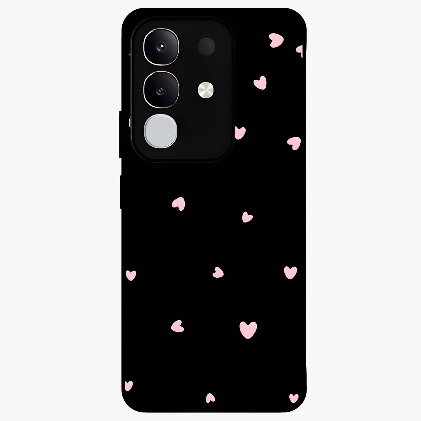 Pink Love Drops Glass Case showing flat back view with playful pink heart drops artwork and glossy glass finish.