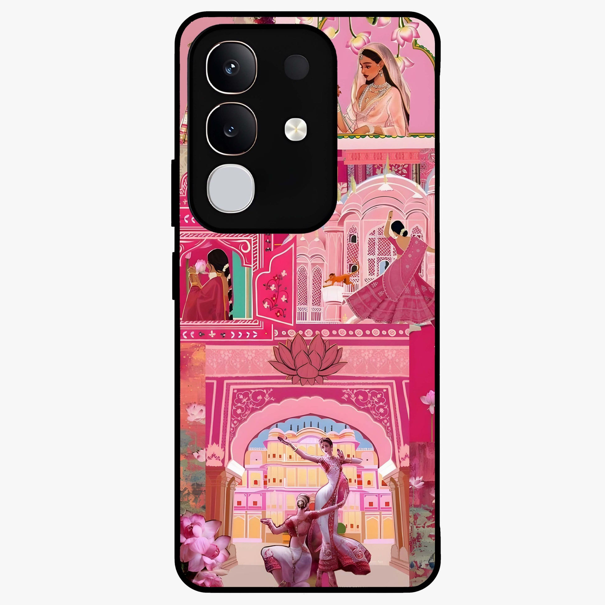 Pink Palace Muse Glass Case showing flat back view with elegant palace inspired artwork and glossy glass finish.