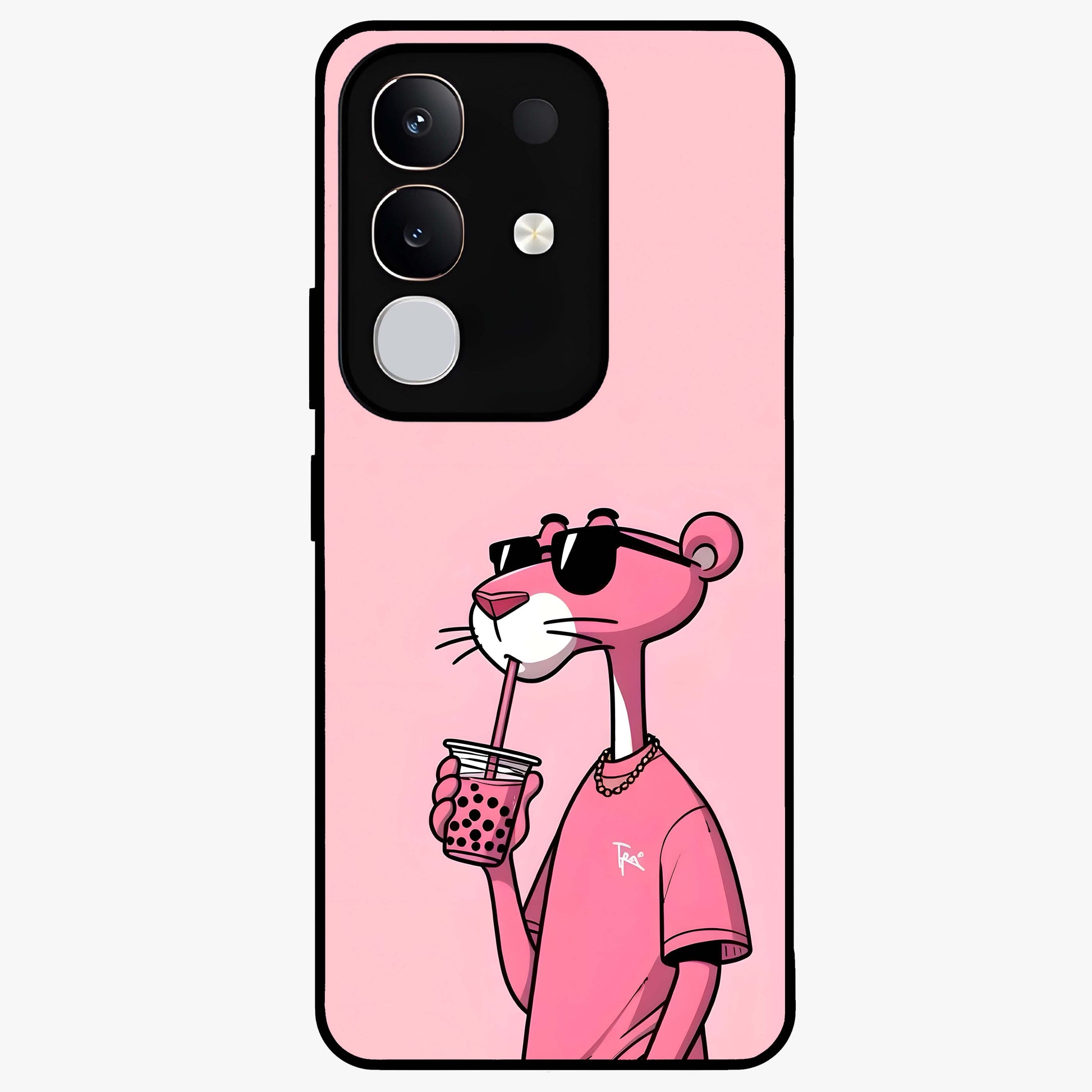 Pink Panther Glass Case showing flat back view with iconic pink panther artwork and glossy glass finish.