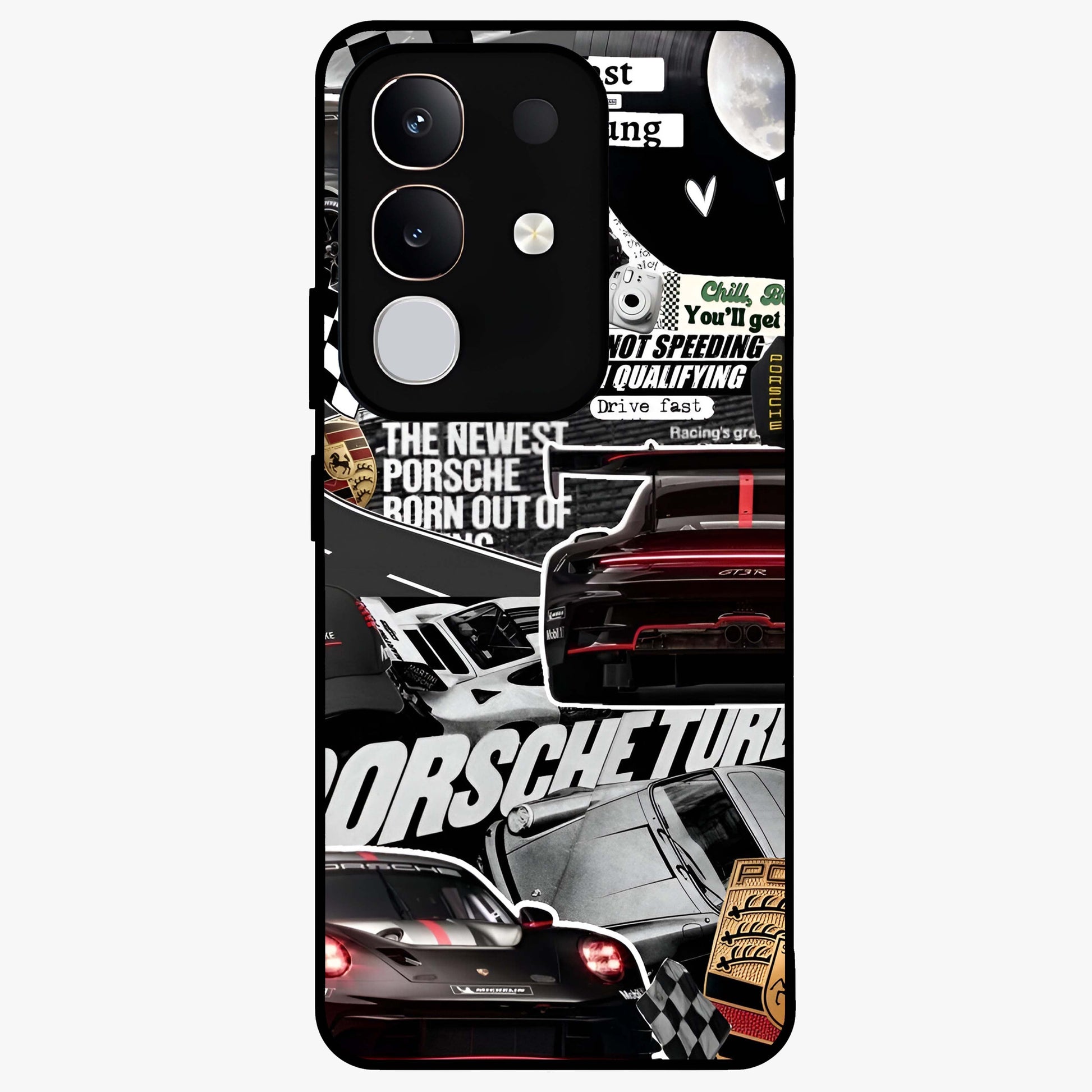 Porsche Racing Collage Glass Case showing flat back view with sports car racing collage artwork and glossy glass finish.